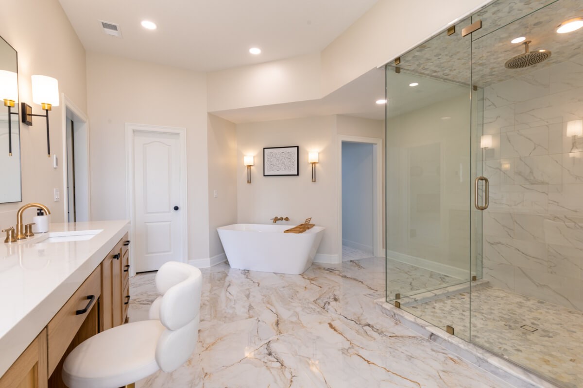 bathroom renovation emphasizing modern simplicity and timeless elegant details